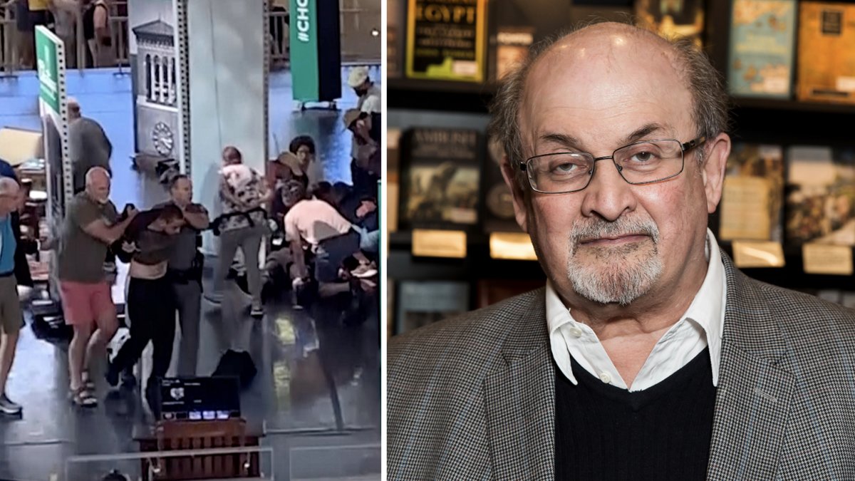 En 24-årig man som misstänks för att ha attackerat Salman Rushdie förs bort, samtidigt som Rushdie tas om hand.